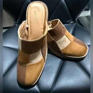 Patchwork Suede Wedge Mules in Brown and Tan